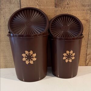 Set of 2 Brown Tupperware Servalier Canisters. Mushrooms pattern. Made in USA.